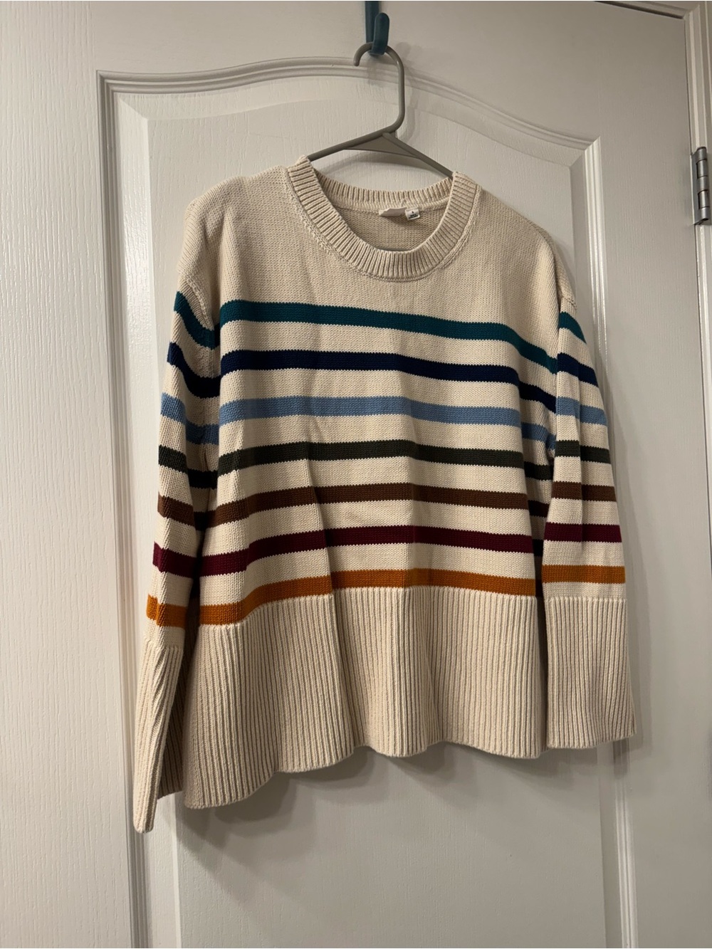GAP Split Hem Crewneck Cream Sweater with Multicolor Stripes